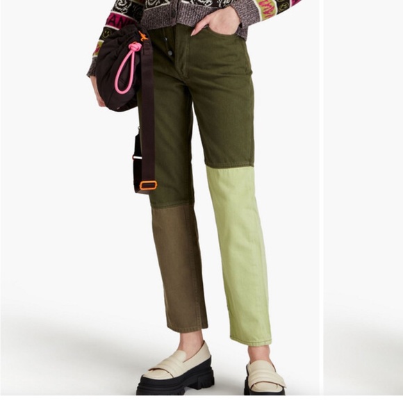 Ganni Colorblock Straight Leg Jeans in Olive, Lime & Brown - Picture 2 of 6
